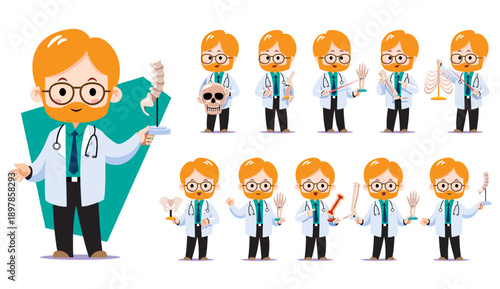 Cute chibi male european orthopedist doctor character set. Flat vector illustration featuring various human bone models for anatomy education and orthopedic clinic use.