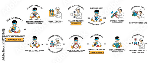 A series of images of men in white lab coats with the words "Digital Transformat