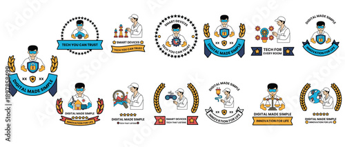 A collection of badges with a man wearing a helmet