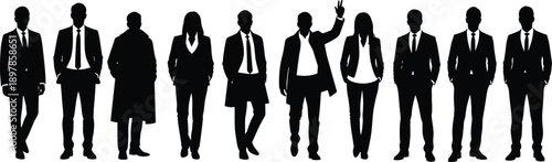 Silhouettes of diverse business professionals standing together in formal attire representing teamwork, corporate unity, leadership, diversity, collaboration, professional success