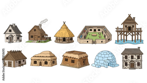 Set of diverse historical and cultural house illustrations featuring an igloo, log cabin, stilt house, and mud hut, perfect for educational apps and gaming.