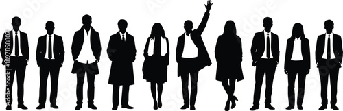 Silhouettes of diverse business professionals standing in formal attire symbolizing teamwork, leadership, corporate unity, collaboration, diversity, professional success