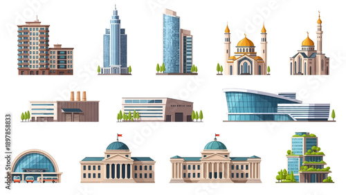Collection of Modern and Traditional Architectural Building Vector Icons Including Skyscrapers, Mosques, Factories, and Government Offices on White Background.