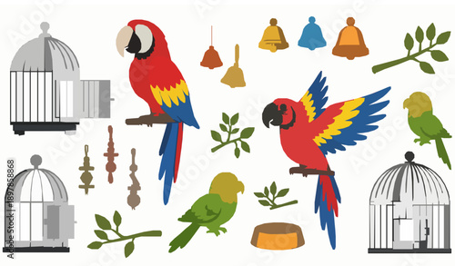 Playful exotic parrot birds and cage items flat vector clipart