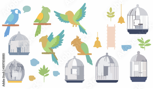 Friendly cartoon parrot characters with bird cage accessories vector