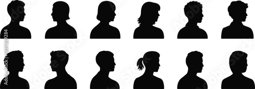 Male and female profile silhouette collection showing diverse head shapes, side view portraits, anonymous people icons set, minimal black design on white background