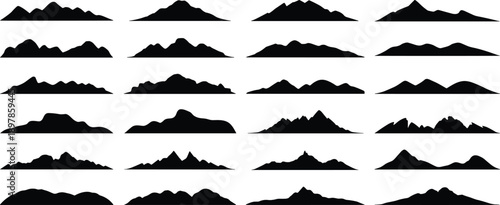 Mountain landscape silhouette set featuring abstract mountain ranges and hill horizons, minimalist black vector illustrations for nature backgrounds, terrain design elements isolated on white
