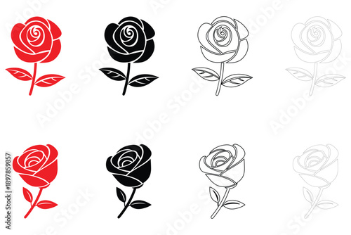 rose flower icon vector set, rose simple flower symbol vector, silhouette and line art illustration