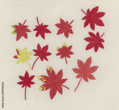 Embroidery Set of Red Autumn Maple Leaves