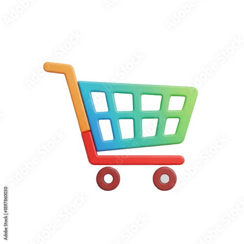Colorful 3D shopping cart for online retail and e-commerce, isolated on white background