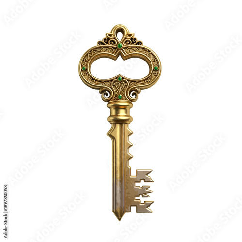 Ornate golden antique key with emerald gems for luxury design and security concept, isolated on white background