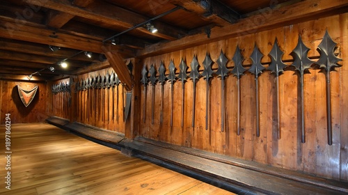 halberds. An armory interior with rows of halberds racked, creating rhythmic shadow patterns. event programs, museum guides, designed for cultural heritage projects and event programs.