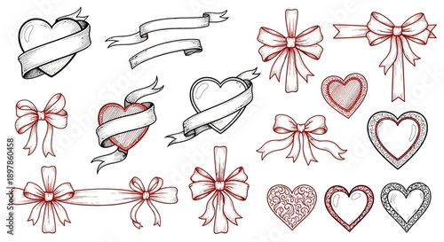 Collection of Hand-Drawn Hearts, Ribbons, and Bows in Red and Black Sketch Style.
