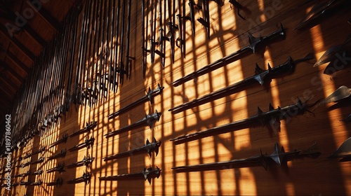 halberds. An armory interior with rows of halberds racked, creating rhythmic shadow patterns. event programs, museum guides, designed for cultural heritage projects and event programs.