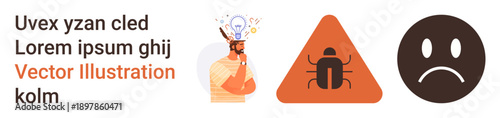Technology issues, problem solving, troubleshooting, emotional response, debugging, innovation. A person thinking, warning sign with a bug sad face icon. Technology issues and problem-solving