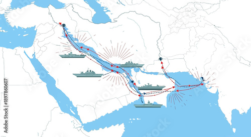 Infographic illustration of US military escalation and buildup in the Middle East conflict, showing a map with strategic locations, military bases, and movement of troops, planes, ships,