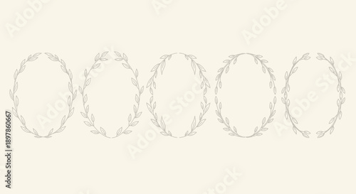 Five elegant oval frames crafted from delicate light-colored leaves on a soft beige background, perfect for decorative design elements.