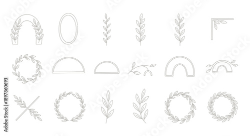Minimalist line art collection of botanical and geometric decorative elements, including wreaths, branches, and arches for design.