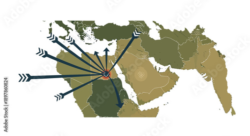 Infographic illustration of US military buildup and escalation in the Middle East conflict with a map and strategic icons.