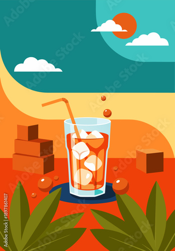 Refreshing Iced Tea Beverage Vector Illustration with Tropical Leaves and Cubes, Perfect for Summer Drinks