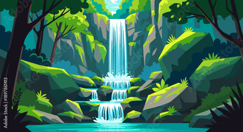 Beautiful natural waterfall vector illustration in a lush green forest with mossy rocks and clear water, serene and tranquil scenery