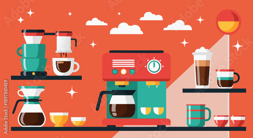 Coffee Time A Vibrant Vector Illustration of Coffee Making and Serving with Various Accessories