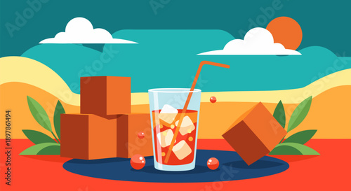 Refreshing Summer Beverage Vector Illustration with Ice Cubes and Cubes in a Stylized Landscape