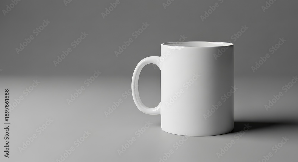Obraz premium Premium Blank White Coffee Mug Product Mockup for Logo and Graphic Design on Neutral Studio Background with Copy Space 110char