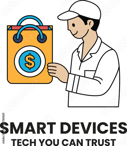 A man holding a bag with a dollar sign on it