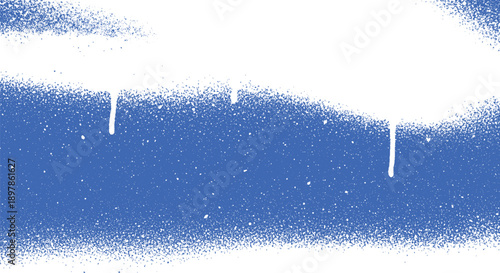 White spray paint drips and splatters on a blue background.