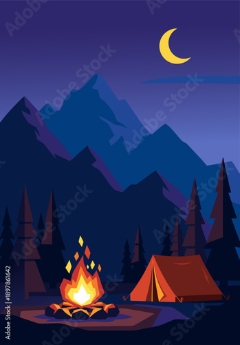 Vector illustration of a cozy campsite with a tent and campfire under a starry night sky with a crescent moon