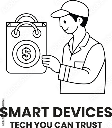 A man holding a bag with a dollar sign on it