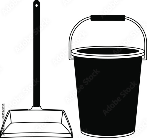 Black silhouette of a dustpan and bucket on white background Keywords: dustpan, bucket, cleaning, cleaning tools, household