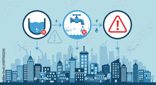 Water pollution concept with cityscape and warning signs