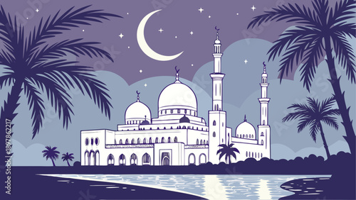 Elegant illustration of a grand mosque under a crescent moon with serene palm trees and calm waters Vector