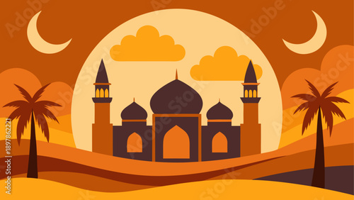 A vibrant illustration of a mosque at sunset with crescent moons and palm trees in the background Vector