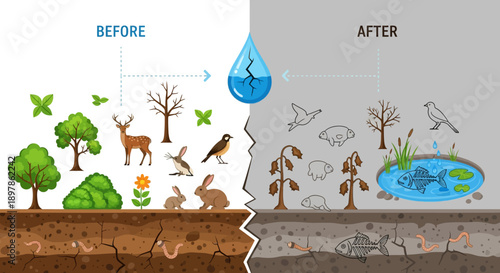 Environmental pollution concept with before and after ecosystem comparison