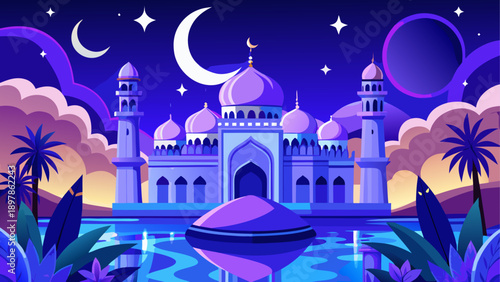 A serene illustration of a majestic mosque bathed in twilight hues under a starry night sky Vector