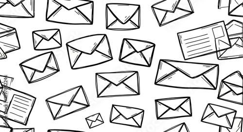 Mailing Action, Envelopes and Postcards, Digital Illustration, Creative Design, Minimalist Style, Top View, Communication Concept