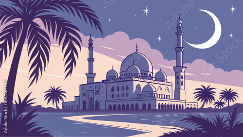 A serene illustration of a grand mosque under a crescent moon and starry night sky with palm trees Vector