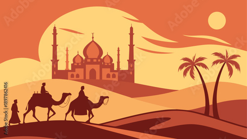 A serene desert journey under the golden sunset towards an ancient architectural marvel Vector