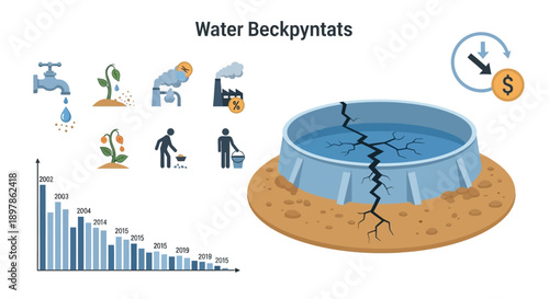 Water scarcity concept with cracked reservoir and icons