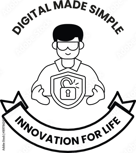 A man holding a key and a shield with the words digital made simple on it