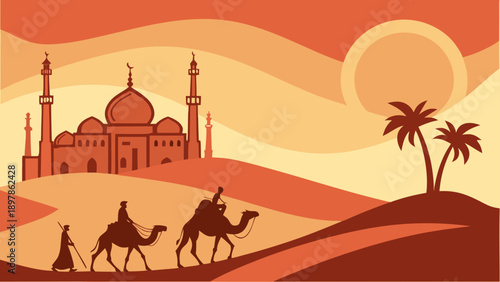 A serene desert scene featuring a majestic mosque, camels, and a tranquil sunset ambiance Vector
