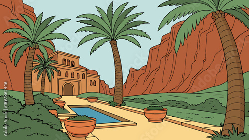 A serene desert oasis featuring traditional architecture with lush palm trees and a tranquil water feature Vector