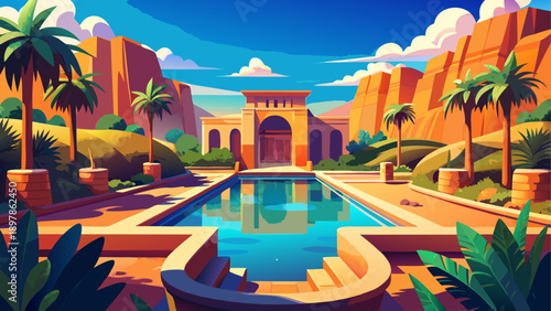 A vibrant digital illustration of a luxurious desert palace with a central reflective pool and lush greenery Vector