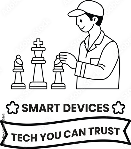 A man is playing chess with a smart device