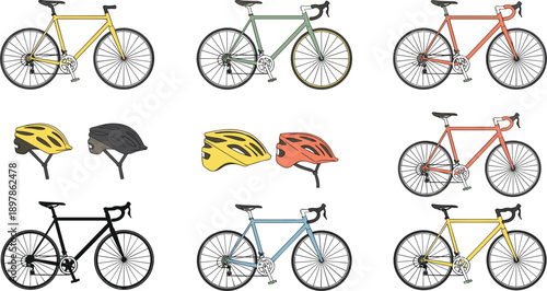 Collection of colorful bicycles and protective helmets on a white background bike cycling