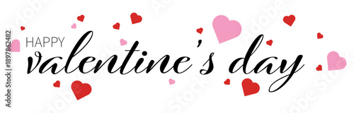 Happy Valentine's day hand lettered greeting with flowing script text and scattered hearts expressing love for seasonal romance messages suitable for social media posts gift notes and prints