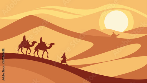 A serene desert journey under the golden sunset with travelers and camels silhouetted against dunes Vector